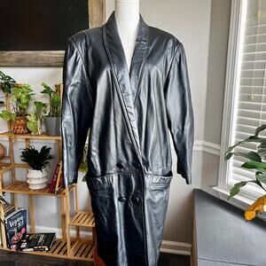 Vintage 90s Black Leather Double Breasted Collared Trench Coat Size Medium